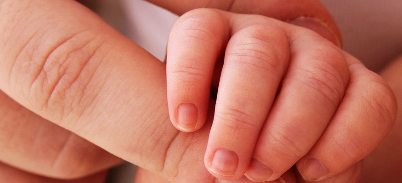 A baby's hand grasping an adult finger